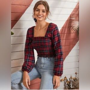 Nordstrom Red and Black Plaid Peplum Blouse